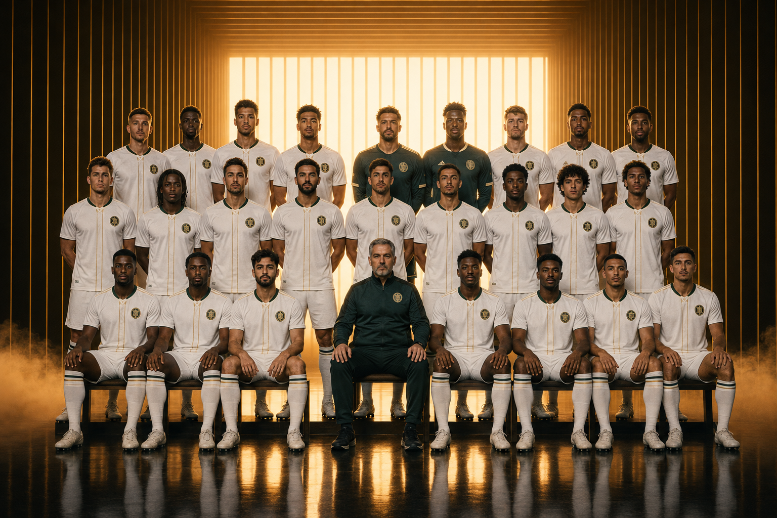 The Aurelius FC first team squad photographed in cream and green kits
